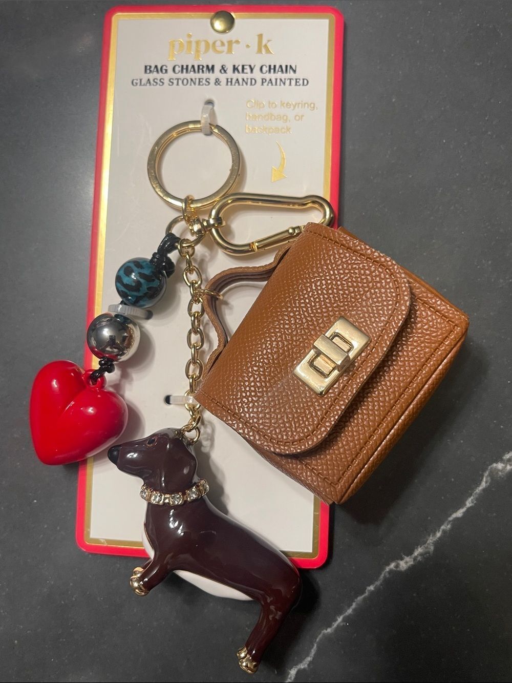 piper·k Brown Mini Bag & Dog Heart Charm Keychain